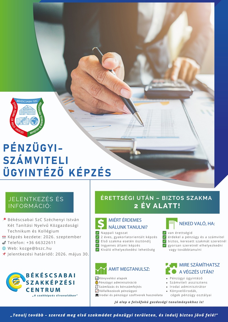 Pénzügyi-számviteli ügyintéző képzés 2026/2027