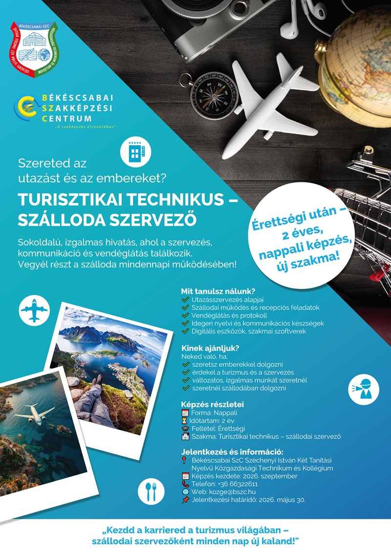 Turisztikai technikus – szálloda szervező 2026/2027.